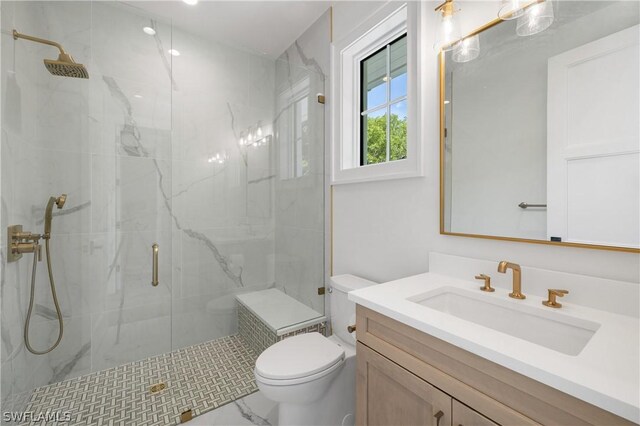 bathroom with a shower with door, vanity, and toilet