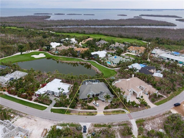 drone / aerial view featuring a water view