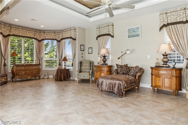 living area featuring ceiling fan and light tile flooring