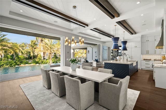 dining area featuring beamed ceiling, dark wood-type flooring, and sink