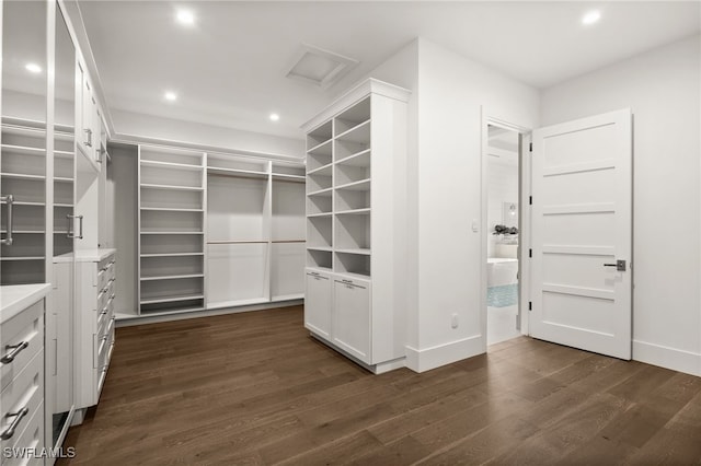 walk in closet with dark wood-type flooring