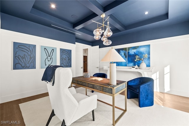 home office with a chandelier, beam ceiling, wood-type flooring, and coffered ceiling