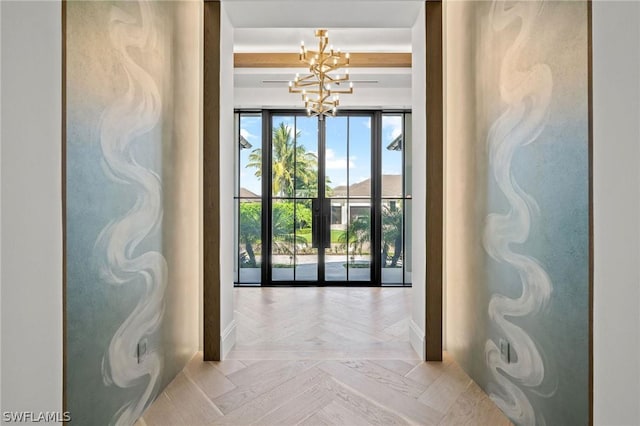 doorway to outside featuring a chandelier, french doors, light parquet floors, and beamed ceiling