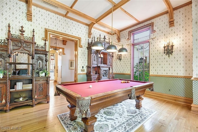 recreation room with pool table, ornamental molding, coffered ceiling, and light hardwood / wood-style flooring