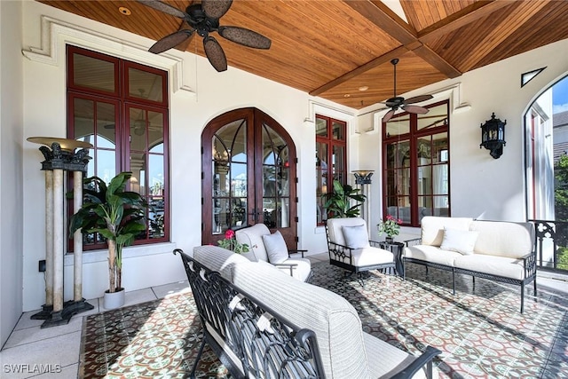 view of patio / terrace featuring french doors, ceiling fan, and an outdoor hangout area