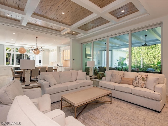 living room with beam ceiling, wood ceiling, a healthy amount of sunlight, and coffered ceiling