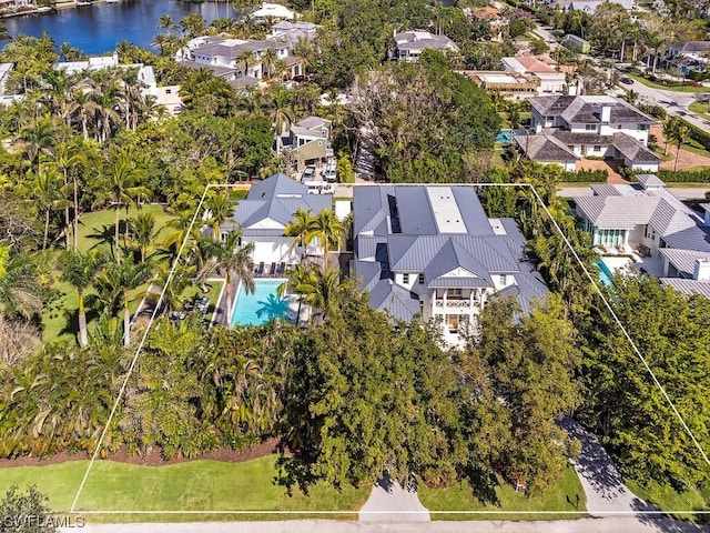 aerial view featuring a water view