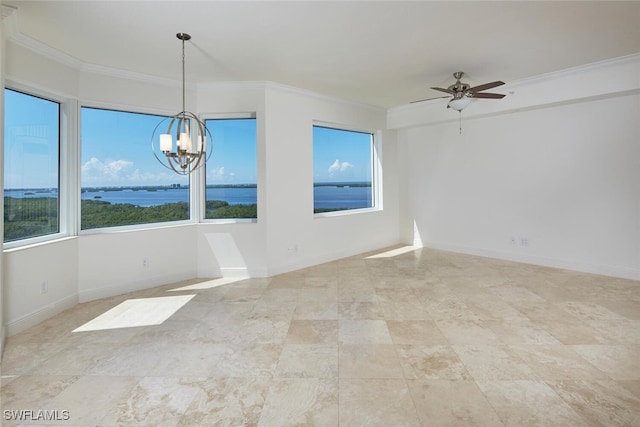 unfurnished room with ceiling fan with notable chandelier and crown molding