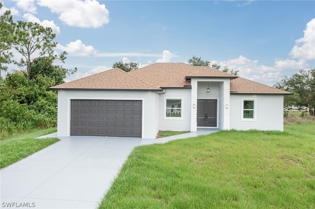 view of front facade featuring stucco siding, driveway, roof with shingles, a front yard, and an attached garage