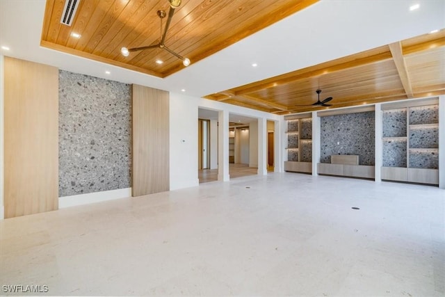 unfurnished room featuring wallpapered walls, recessed lighting, wooden ceiling, and a raised ceiling