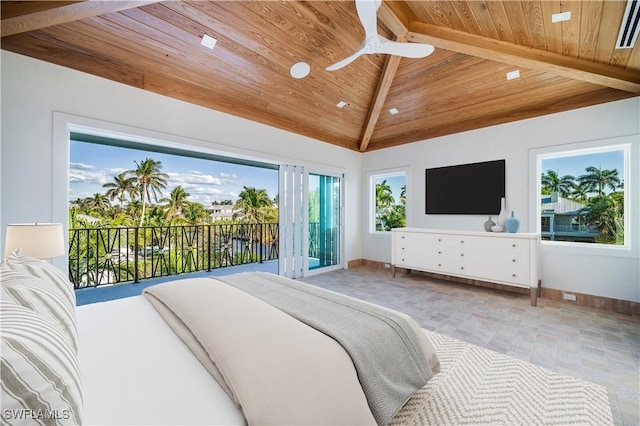 bedroom featuring access to outside, wood ceiling, and vaulted ceiling