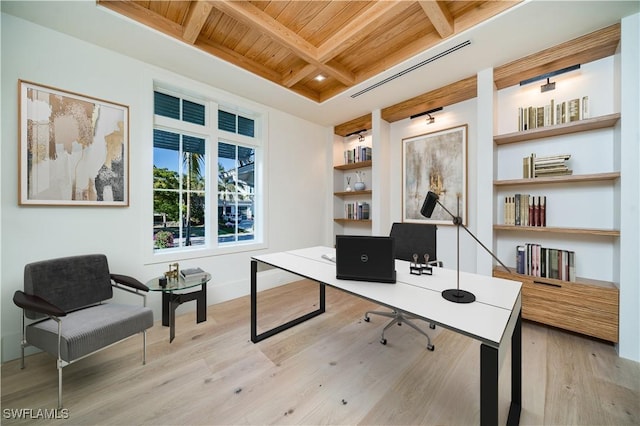 office area with beam ceiling, coffered ceiling, built in shelves, wooden ceiling, and wood finished floors