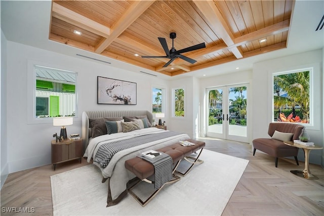 bedroom featuring access to outside, french doors, beamed ceiling, and wooden ceiling
