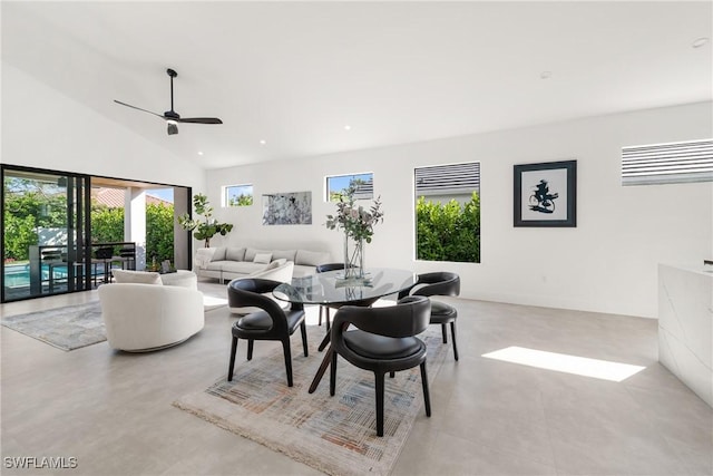 dining space with high vaulted ceiling, recessed lighting, and ceiling fan