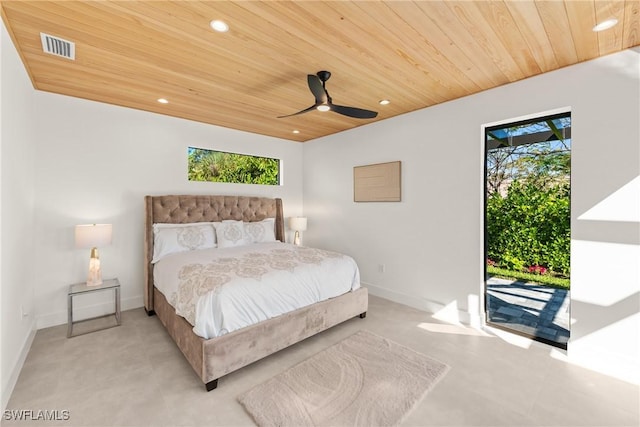 bedroom featuring visible vents, baseboards, wooden ceiling, access to outside, and recessed lighting