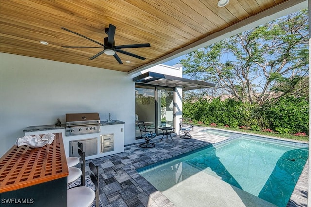 pool featuring ceiling fan, a patio, area for grilling, a sink, and grilling area