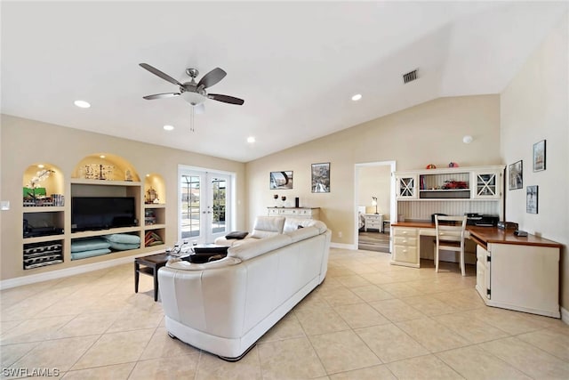 living room featuring french doors, ceiling fan, vaulted ceiling, and light tile floors