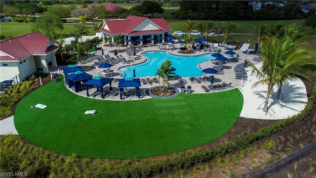 view of swimming pool with a patio area