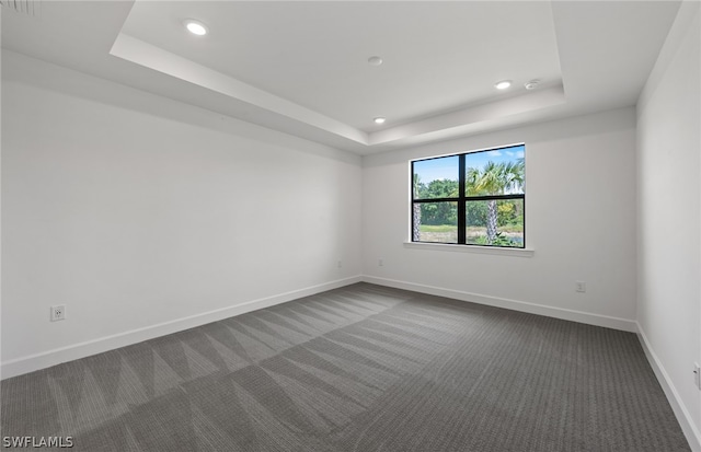 spare room with a raised ceiling and dark carpet