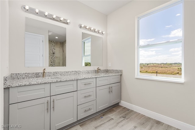 bathroom featuring hardwood / wood-style flooring, vanity, and walk in shower