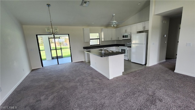 kitchen featuring decorative light fixtures, white appliances, high vaulted ceiling, white cabinets, and dark carpet