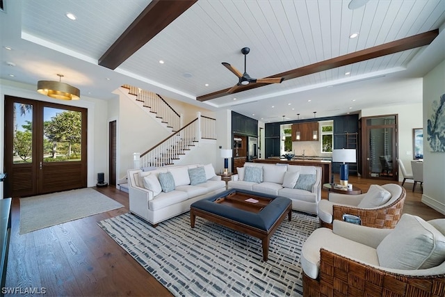 living room featuring wood ceiling, beamed ceiling, and wood-type flooring