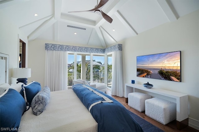 bedroom with beam ceiling, hardwood / wood-style flooring, high vaulted ceiling, and ceiling fan