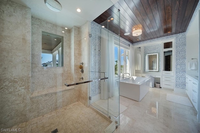 bathroom featuring vanity, wooden ceiling, and shower with separate bathtub