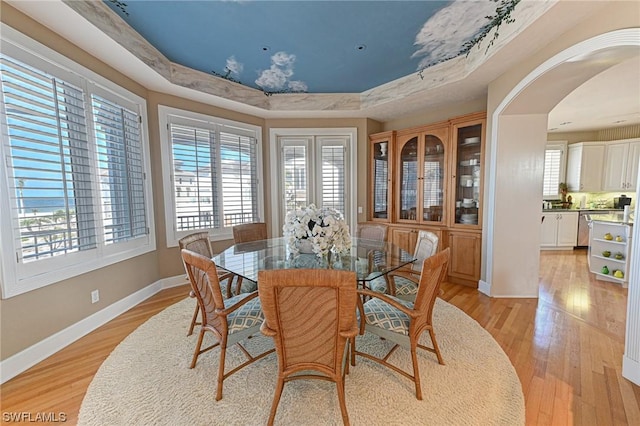 dining room with a tray ceiling, baseboards, and light wood finished floors