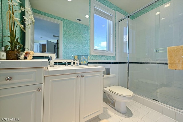 full bath featuring visible vents, toilet, a shower stall, wallpapered walls, and vanity