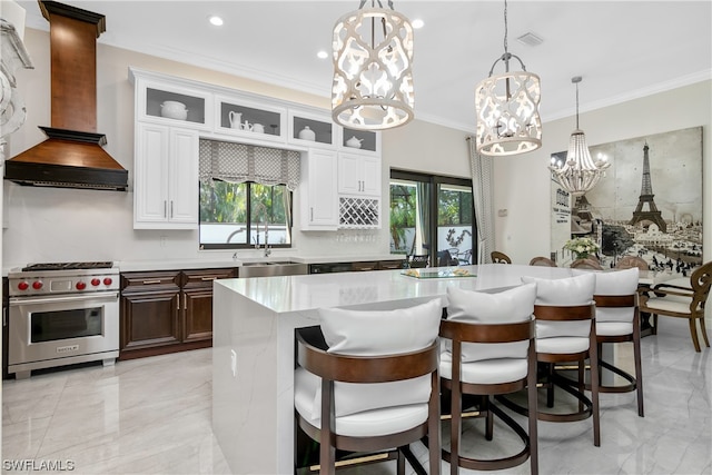 kitchen featuring white cabinetry, premium stove, a kitchen island, and a healthy amount of sunlight