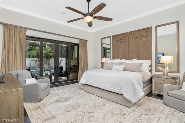 bedroom featuring french doors, access to outside, ceiling fan, and ornamental molding