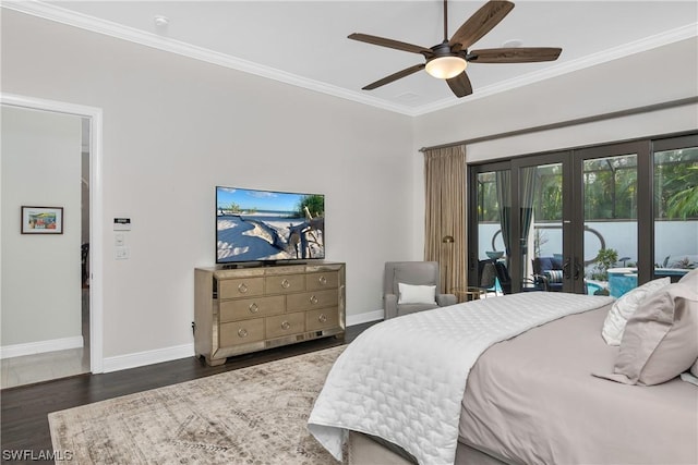 bedroom featuring dark wood-type flooring, access to outside, french doors, crown molding, and ceiling fan