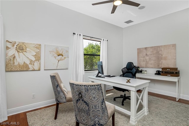 home office featuring ceiling fan and wood-type flooring