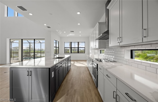 kitchen featuring plenty of natural light, a kitchen island with sink, sink, and light wood-type flooring