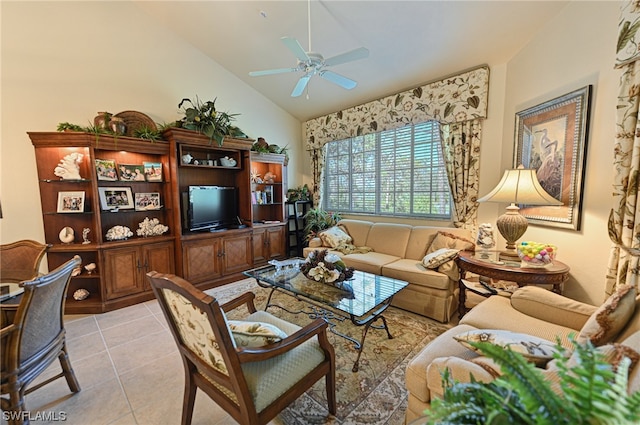 living room featuring light tile floors, high vaulted ceiling, and ceiling fan