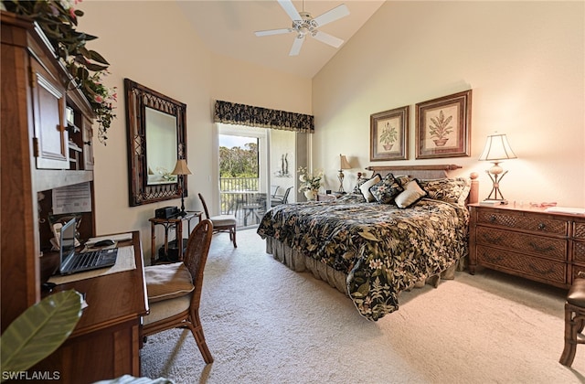 bedroom with light colored carpet, access to exterior, ceiling fan, and high vaulted ceiling