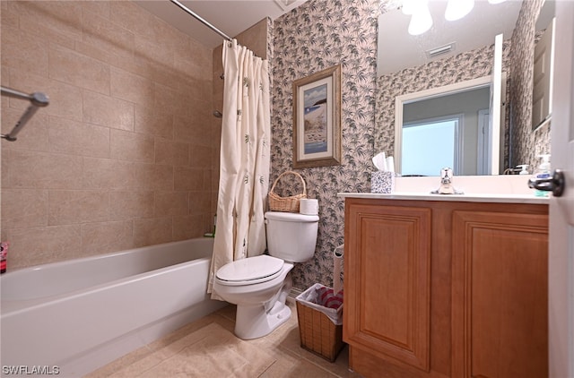 full bathroom featuring vanity, tile flooring, toilet, and shower / bath combination with curtain