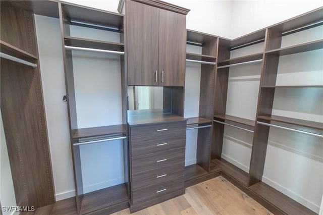 walk in closet with light hardwood / wood-style floors
