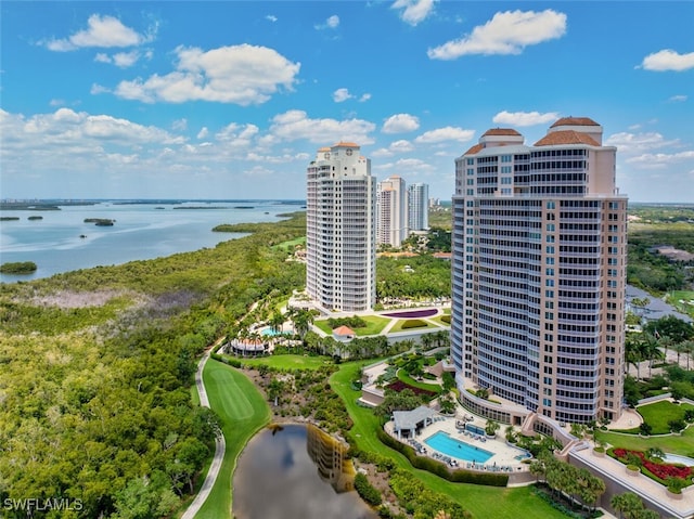 bird's eye view with a water view