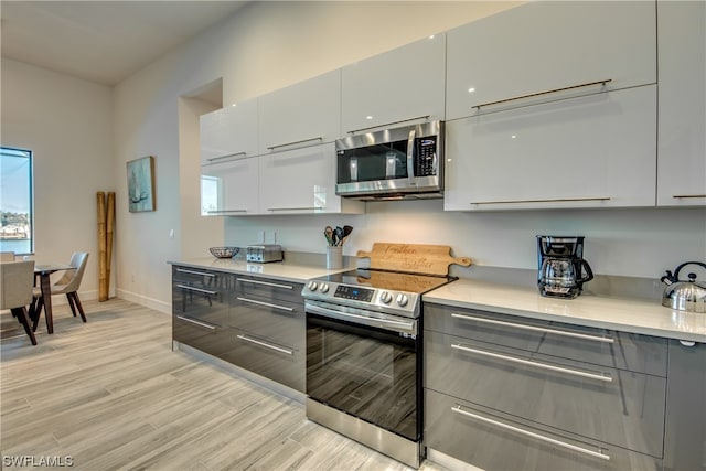 kitchen featuring gray cabinetry, light hardwood / wood-style floors, and stainless steel appliances