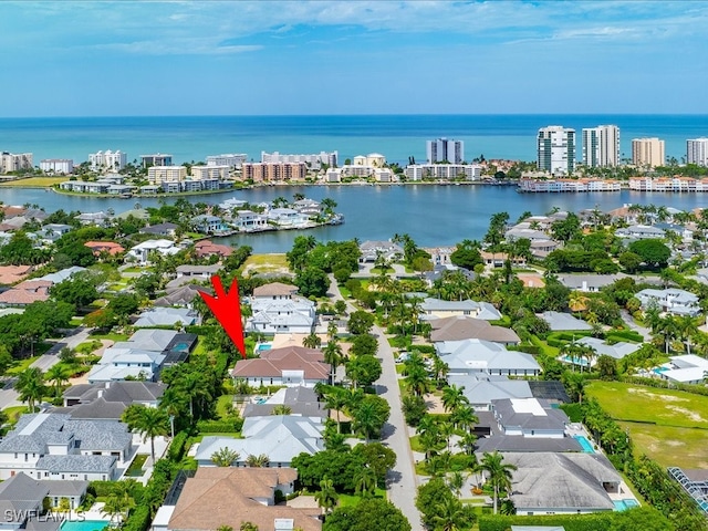 bird's eye view with a water view