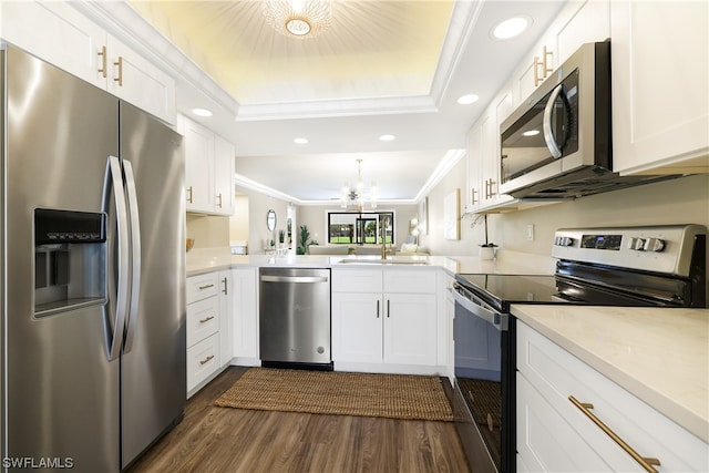 kitchen with dark hardwood / wood-style floors, white cabinets, appliances with stainless steel finishes, and crown molding