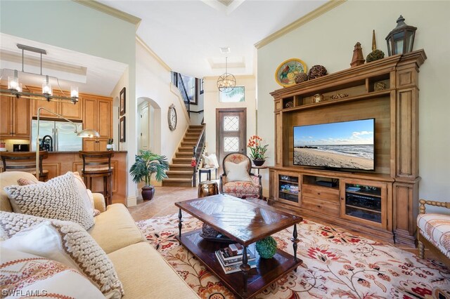 tiled living room with crown molding