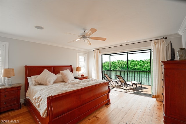 bedroom with ceiling fan, crown molding, light hardwood / wood-style floors, and access to exterior