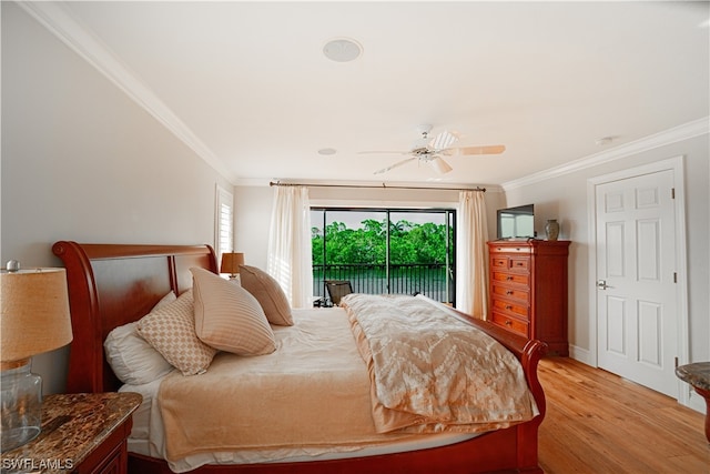 bedroom featuring access to exterior, ceiling fan, light wood-type flooring, and crown molding