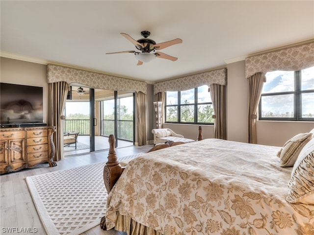 bedroom featuring crown molding, ceiling fan, access to exterior, and light hardwood / wood-style flooring