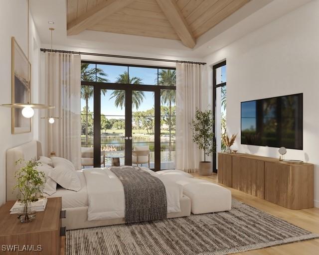 bedroom featuring hardwood / wood-style floors, access to outside, wood ceiling, and beam ceiling