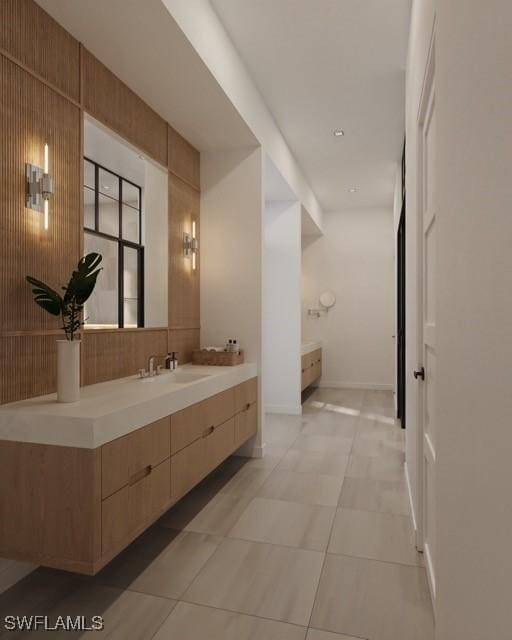 bathroom with tile patterned floors, backsplash, and vanity