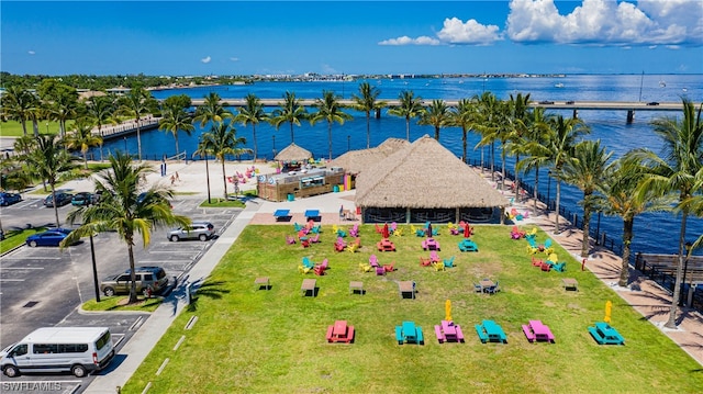 drone / aerial view with a water view